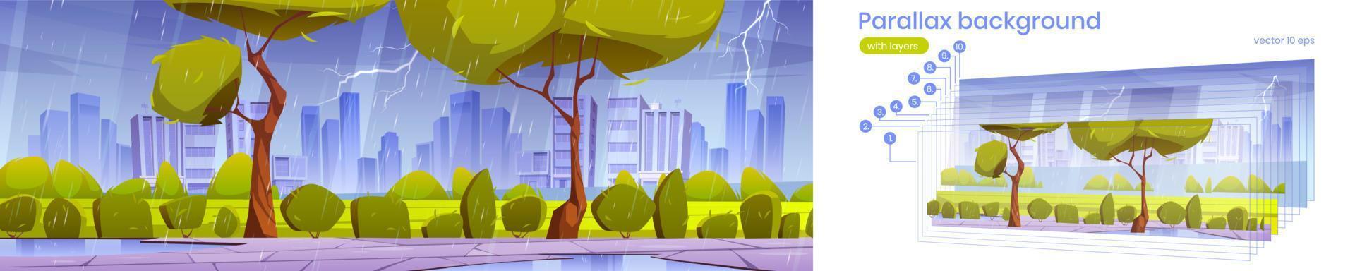 fondo de paralaje con parque de la ciudad bajo la lluvia vector