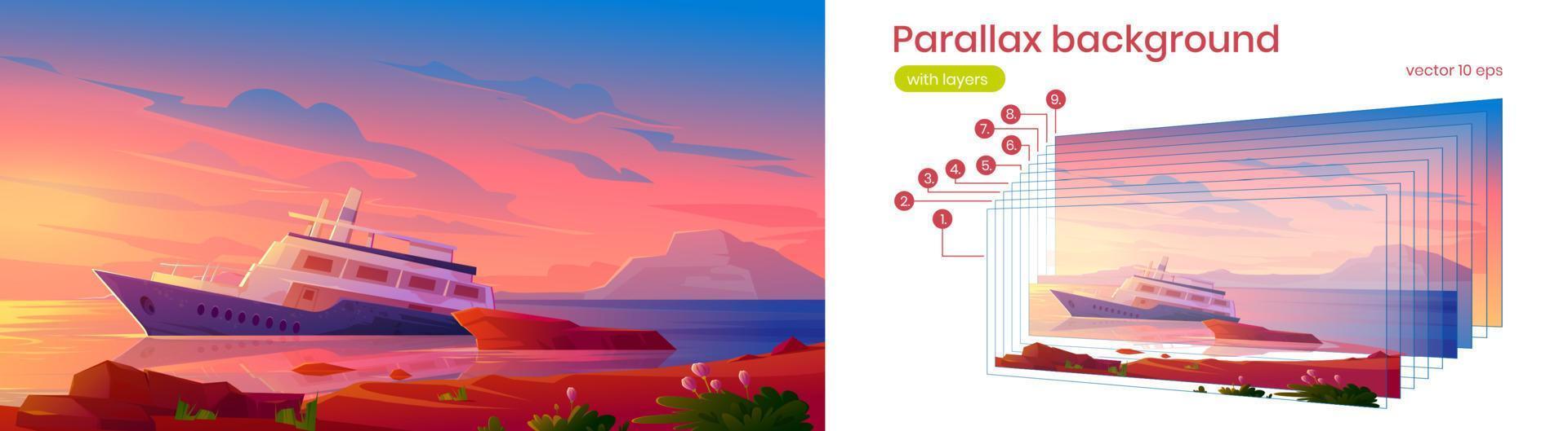 Parallax background sunken cruise ship in ocean vector