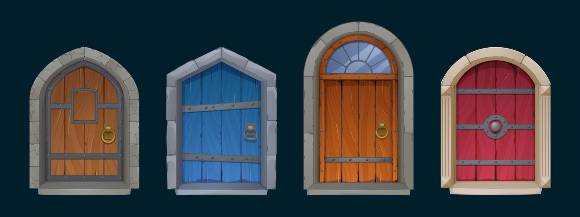 conjunto de puertas de castillo, mazmorra de dibujos animados, puertas de palacio vector