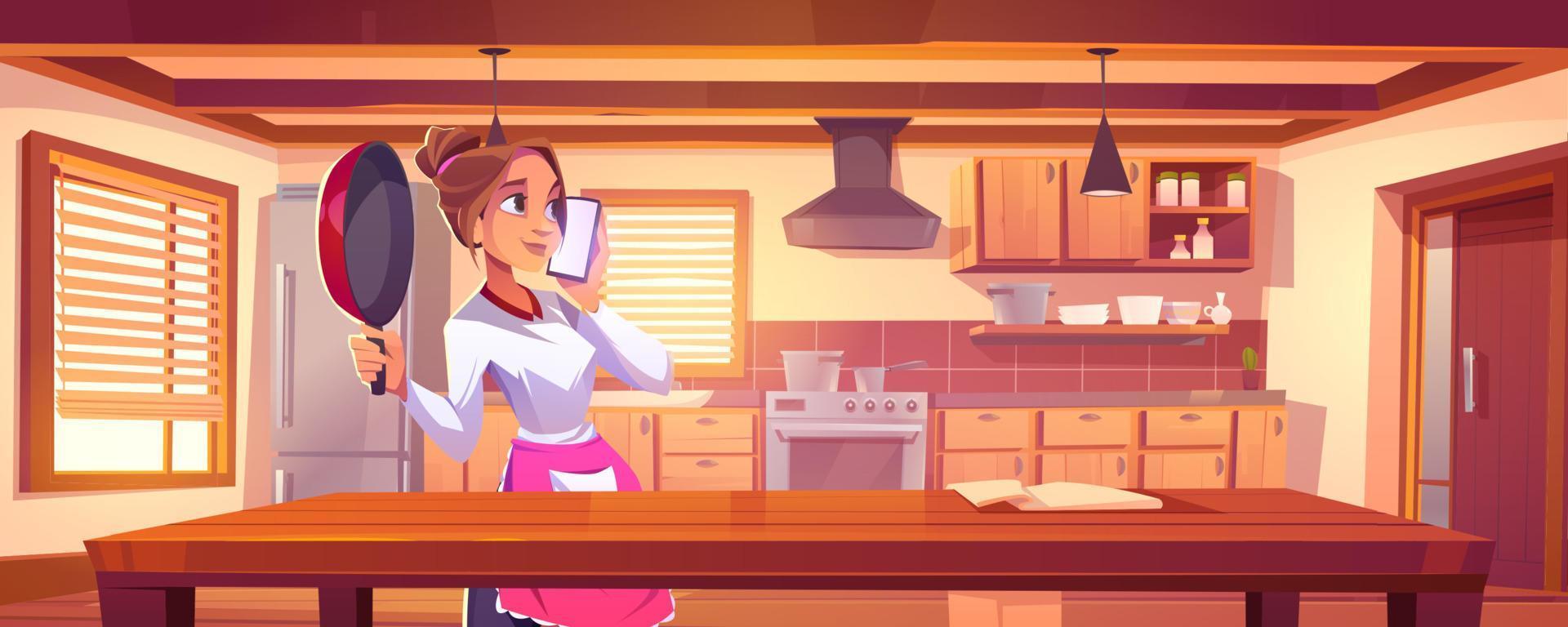Housewife talking on mobile phone on kitchen vector