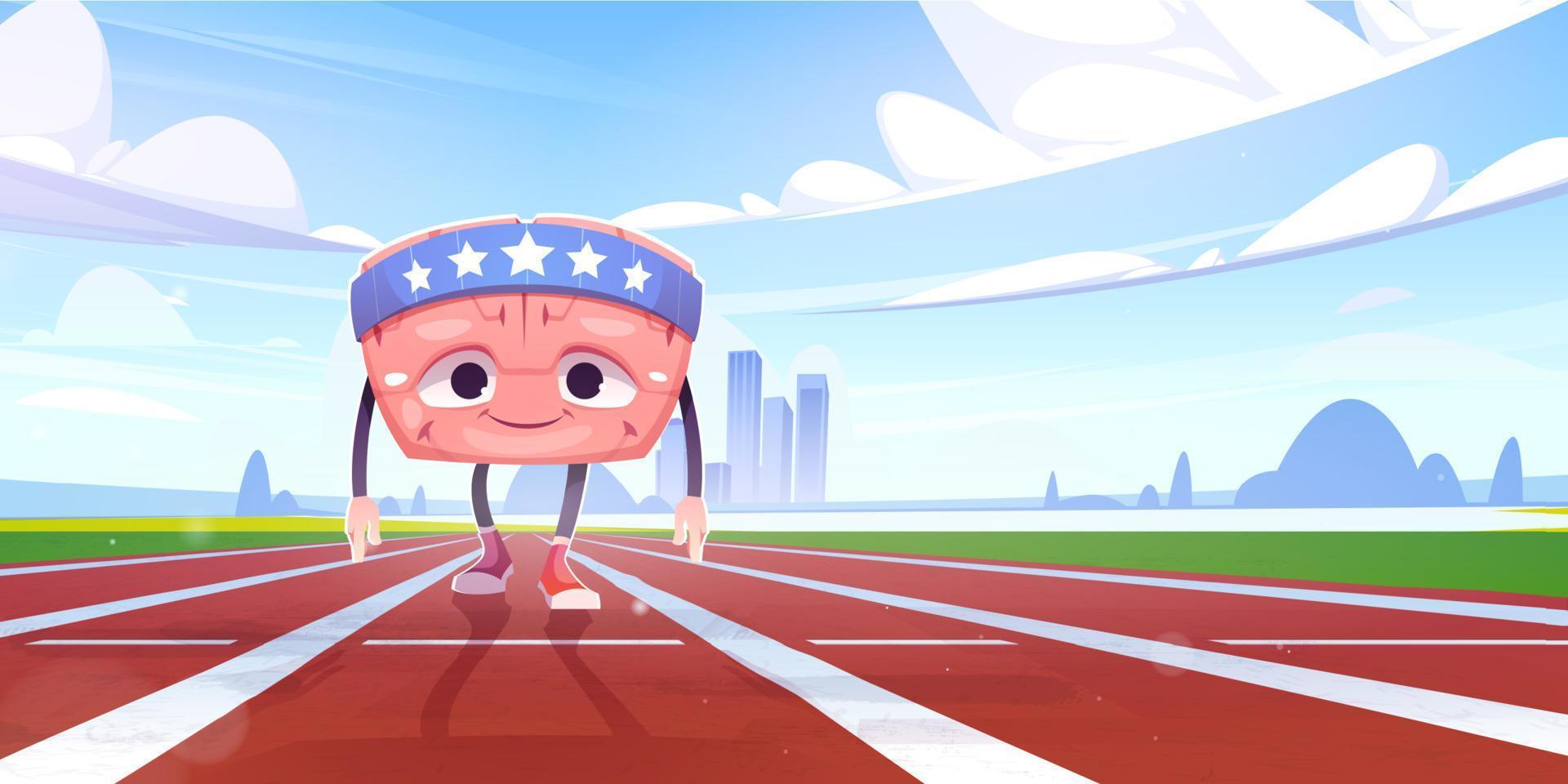 Cartoon Brain sportsman character train on stadium vector