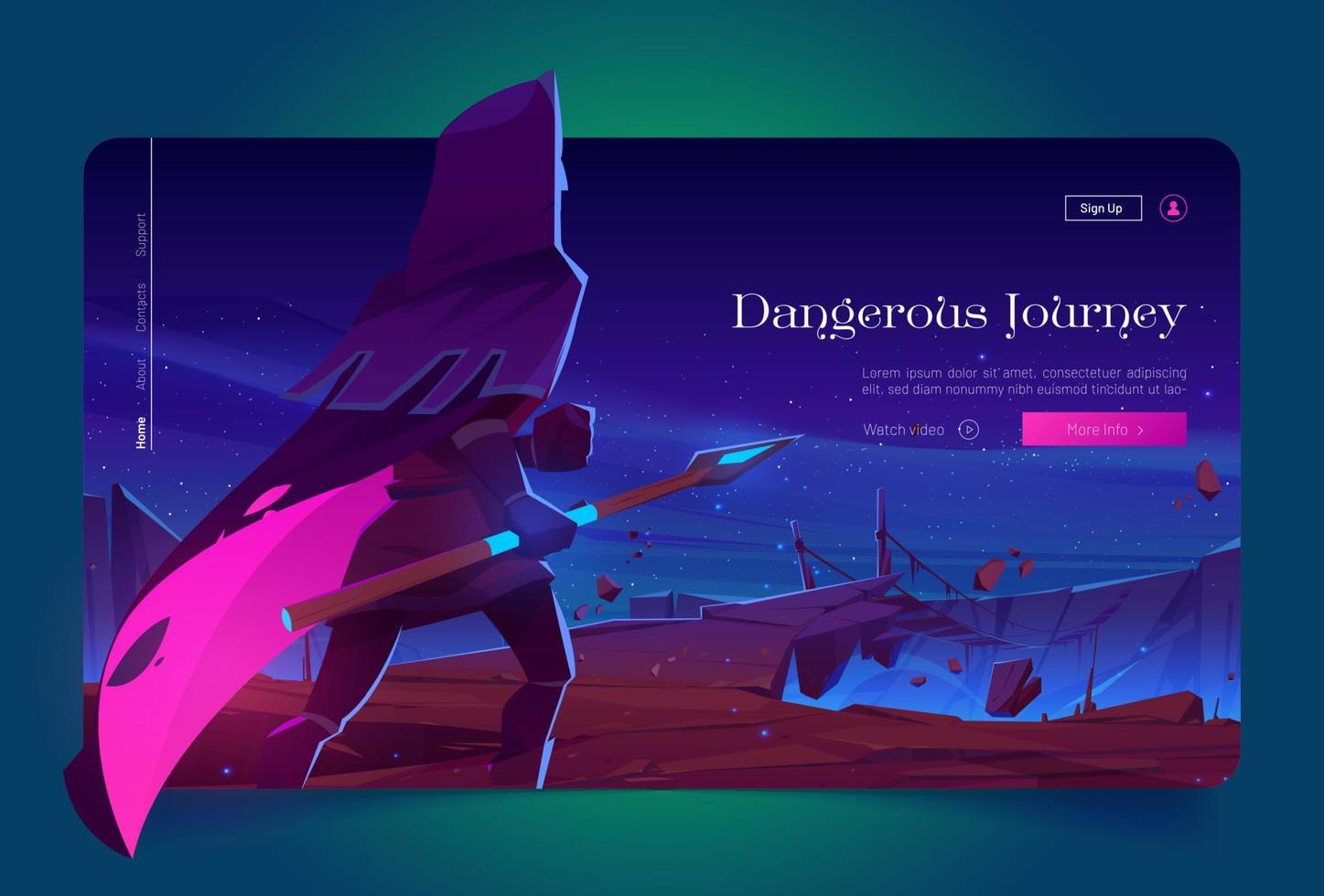 Dangerous journey cartoon landing page, fantasy vector