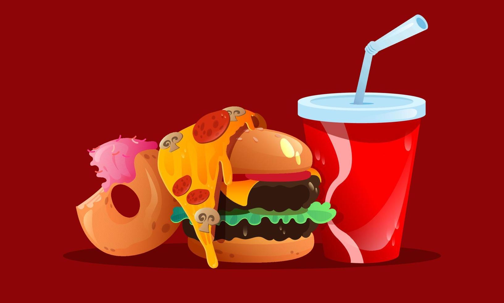 comida rápida hamburguesa, porción de pizza, donut, cola vector