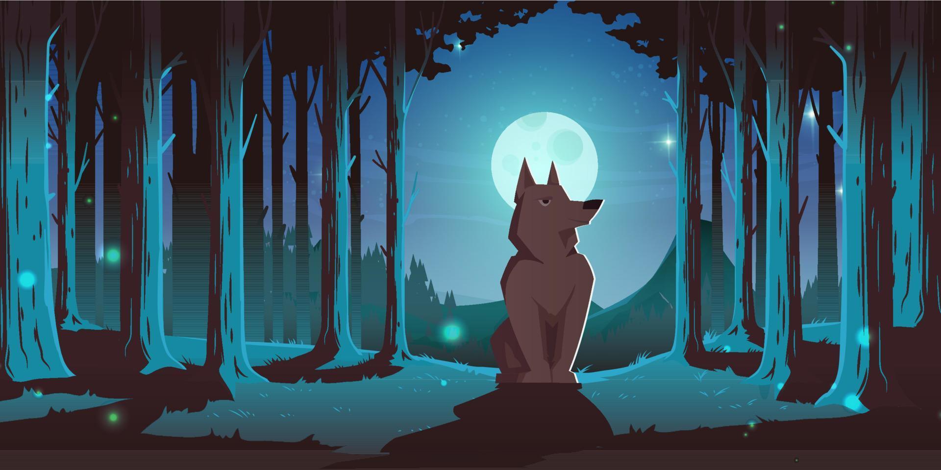Wolf sitting in forest at night vector