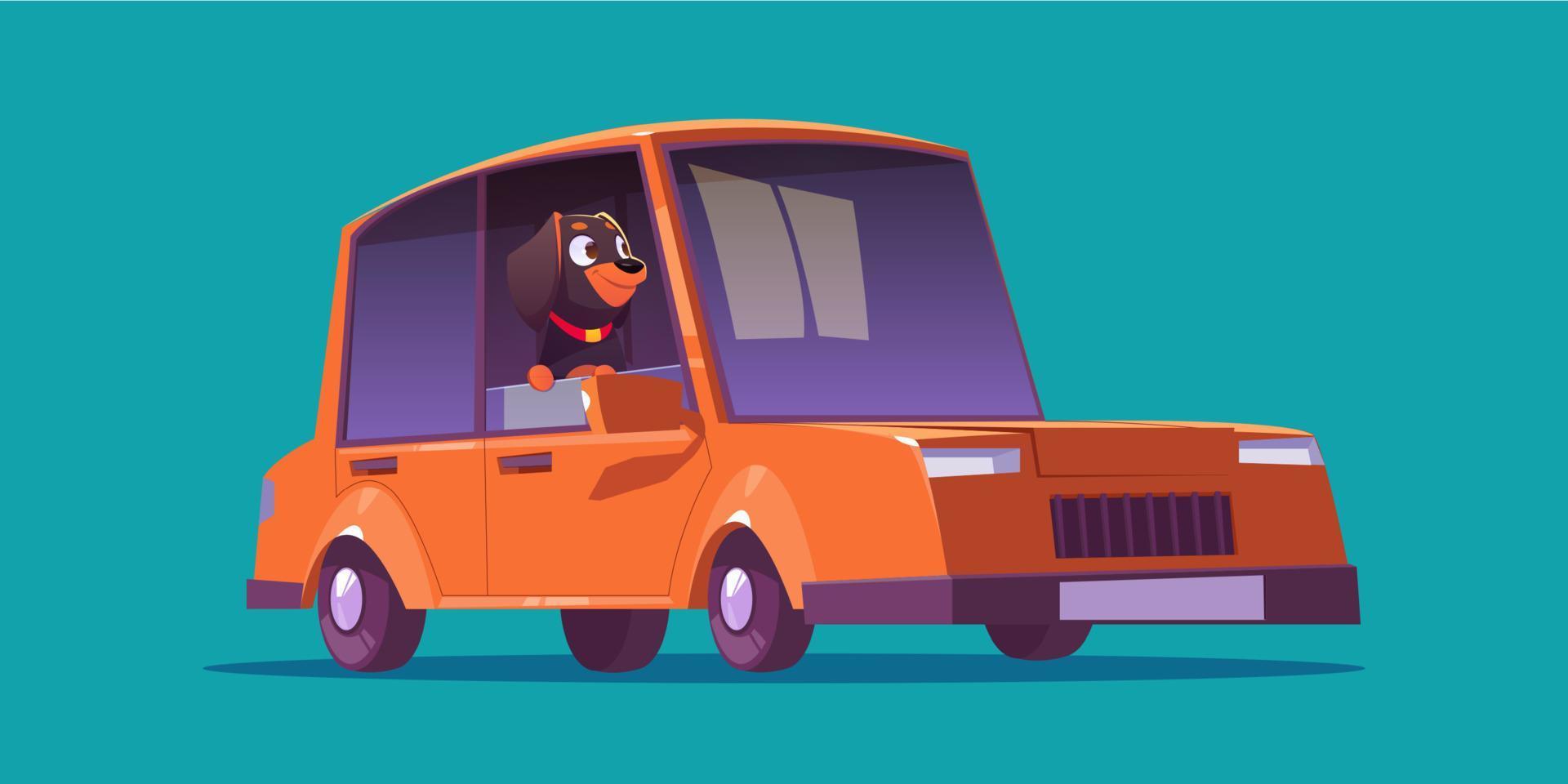 lindo personaje de perro sentado en un auto rojo vector