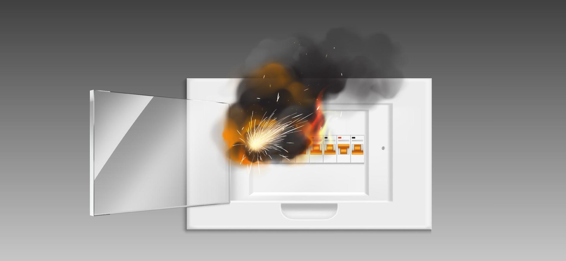 Fuse box in fire, short circuit and overload. vector