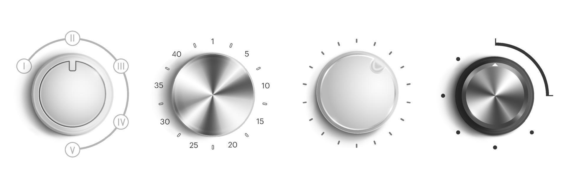 Volume control knobs, round switches with dial vector