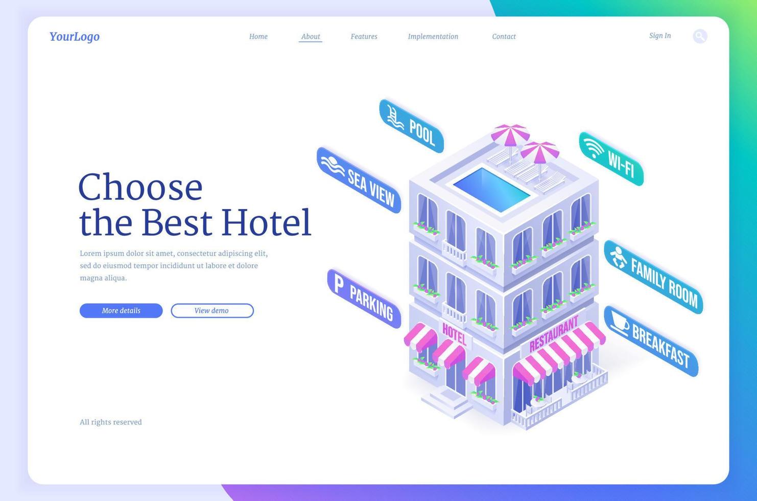Choose best hotel isometric landing page, booking vector