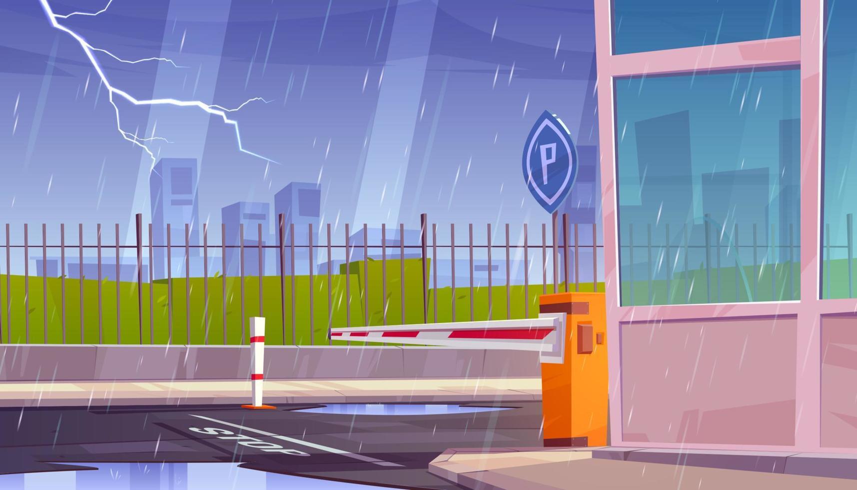 Parking security entrance at rainy weather, storm vector