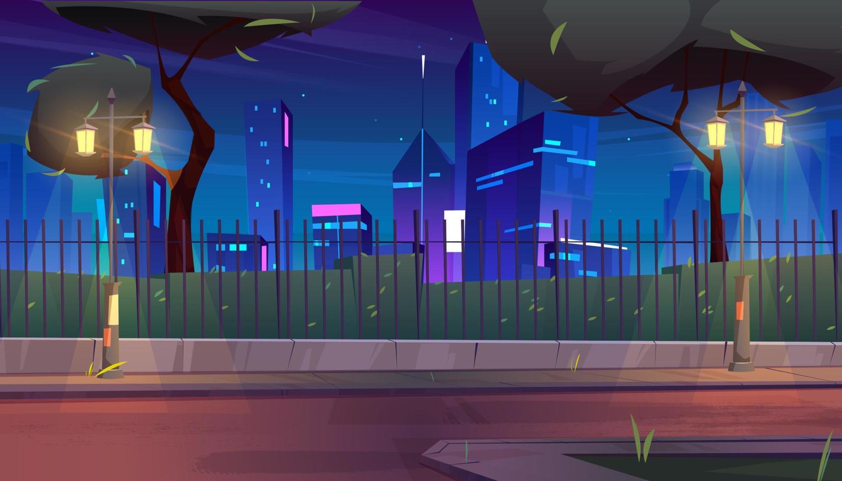 City street with park behind fence at night vector