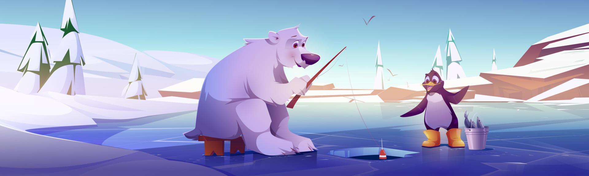 White bear and penguin fishing, cute wild animals vector