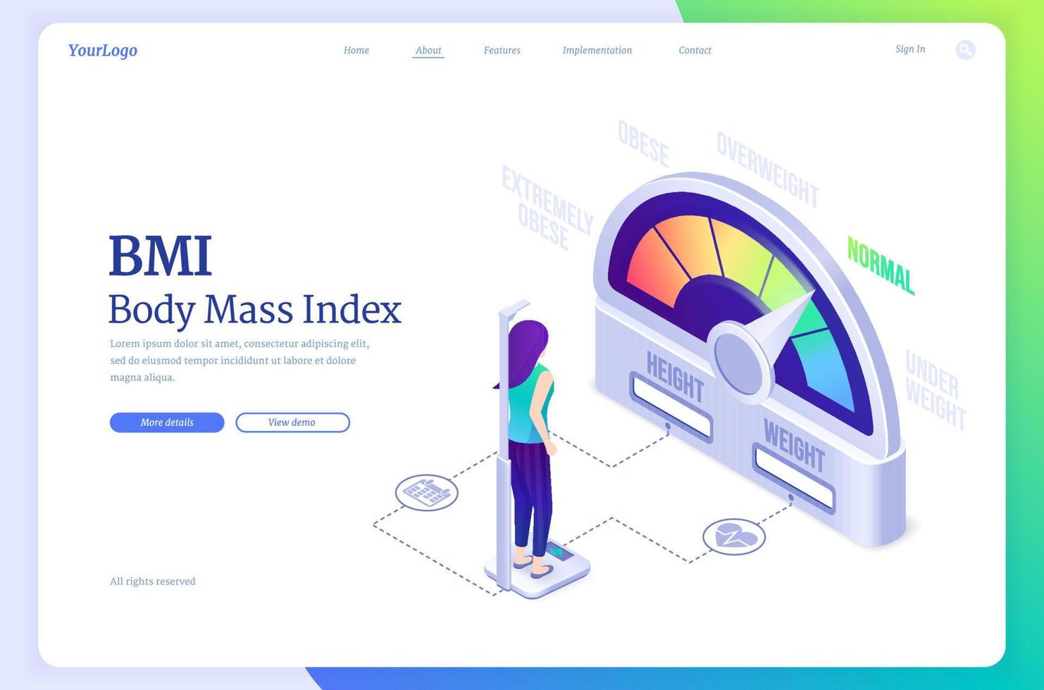 bmi, banner de página de destino isométrica de índice de masa corporal vector