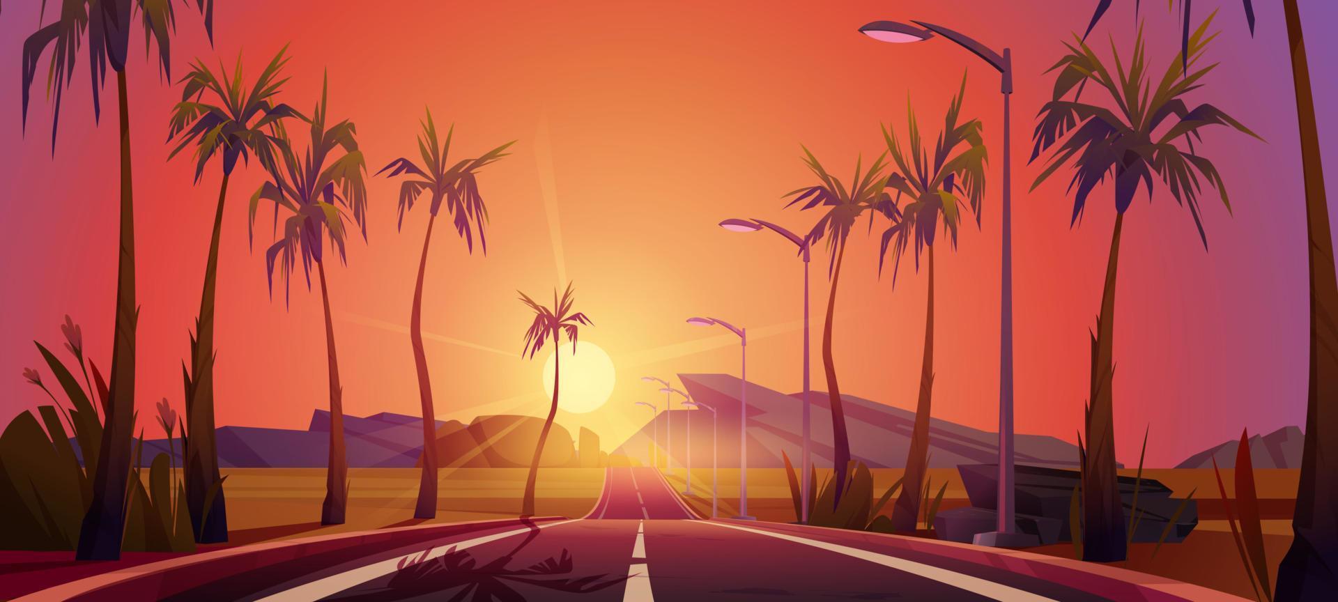 camino con palmeras a los lados, puesta de sol, perspectiva vector