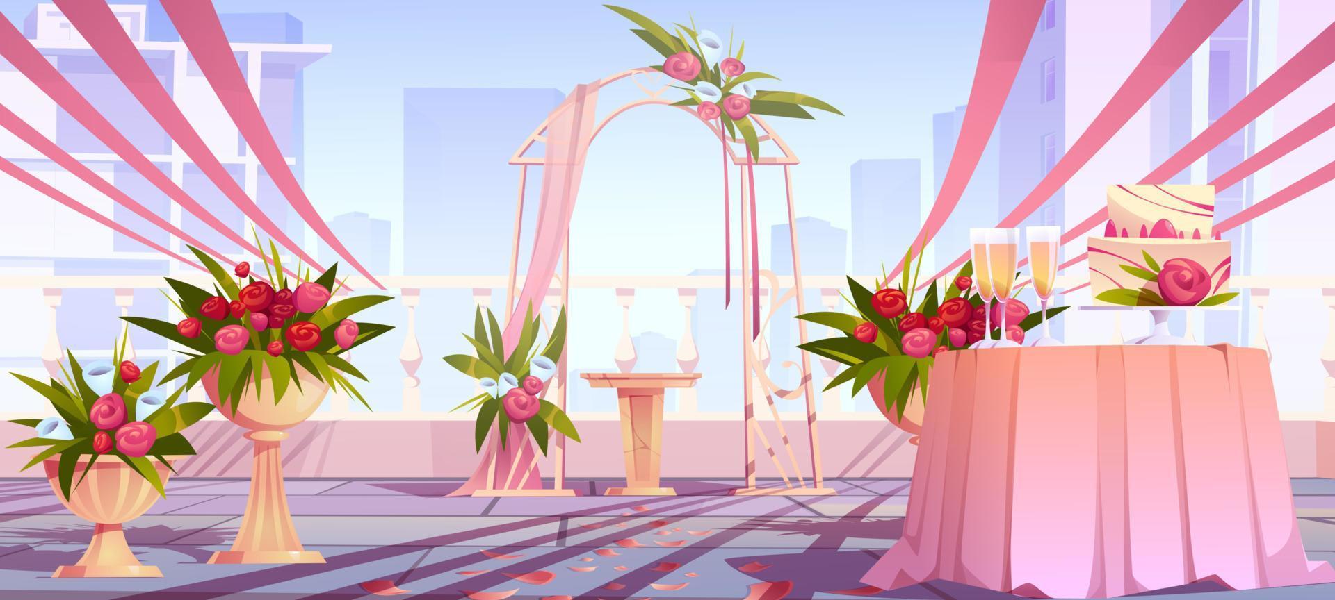 Wedding arch and decoration on skyscraper rooftop vector