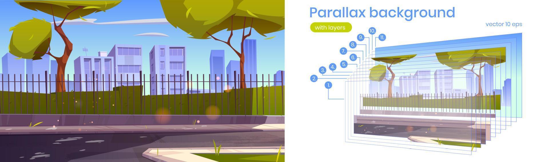 fondo de paralaje con calle de la ciudad y jardín vector