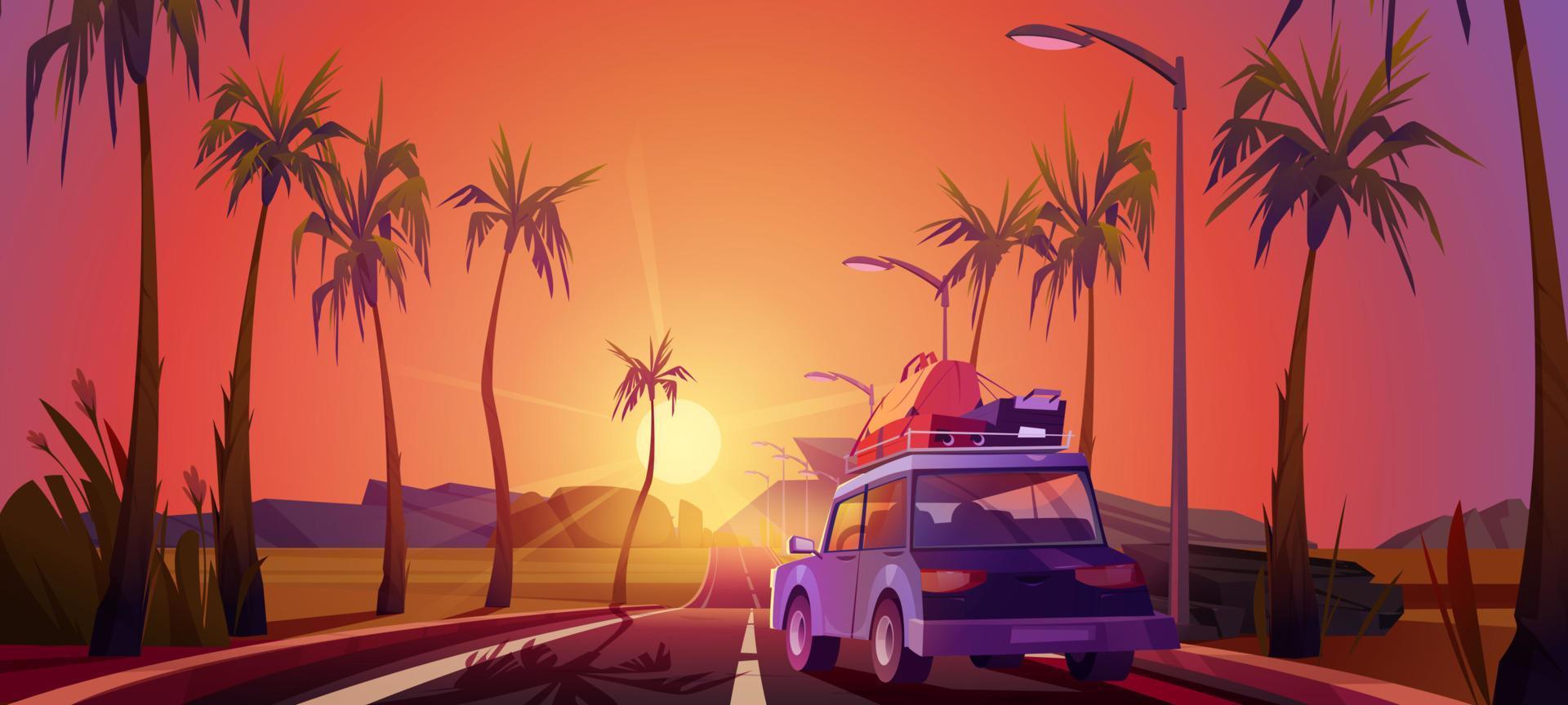 paisaje tropical con coche con equipaje al atardecer vector