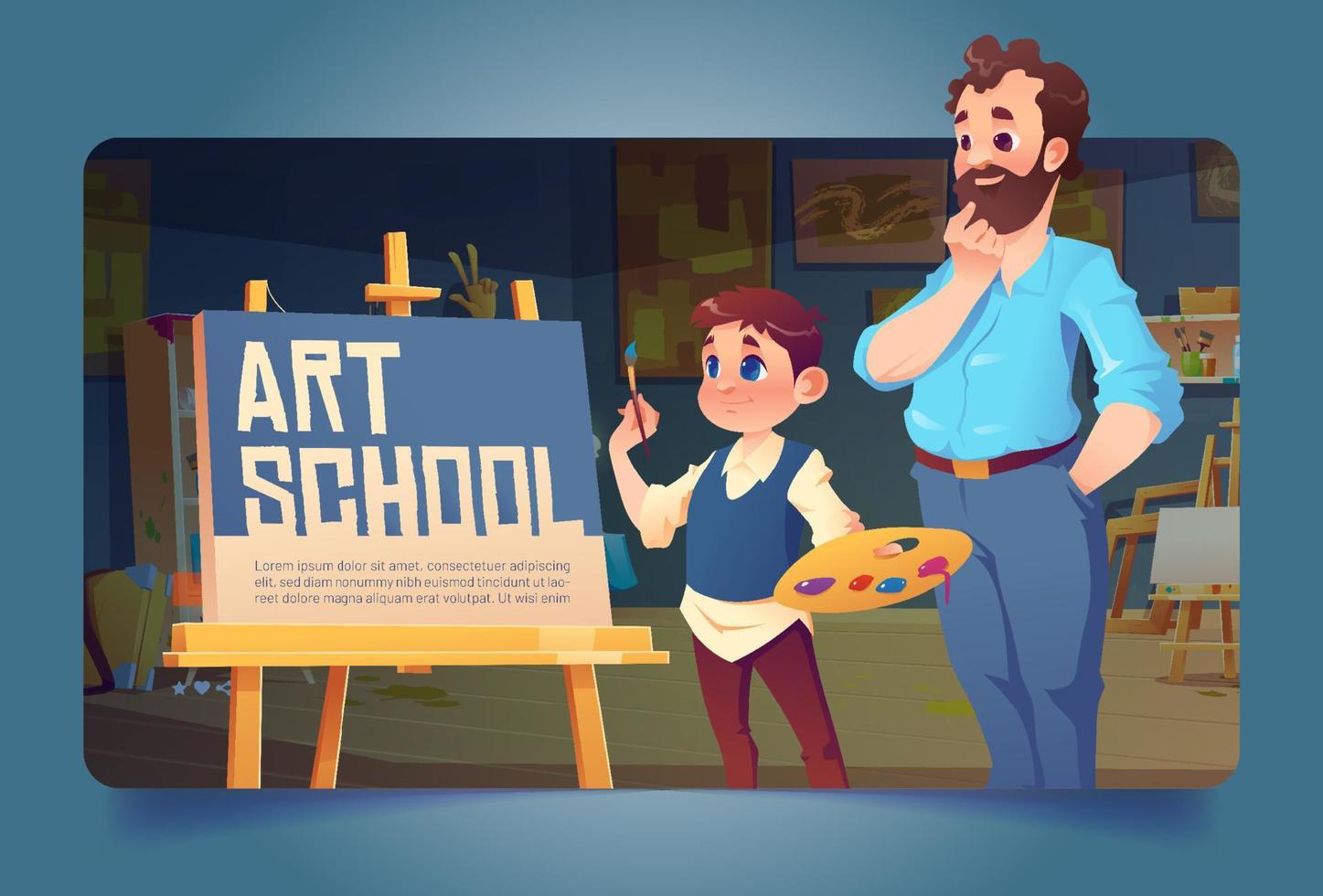 Art school banner with boy drawing on canvas vector