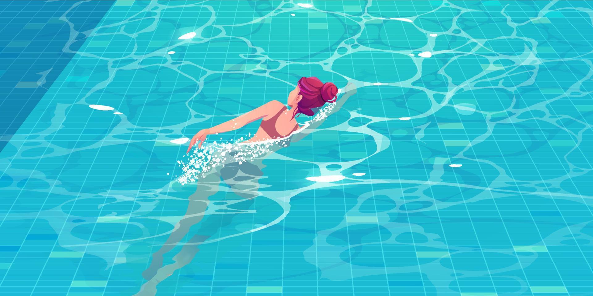 Woman swimming in pool top view, young girl swim vector
