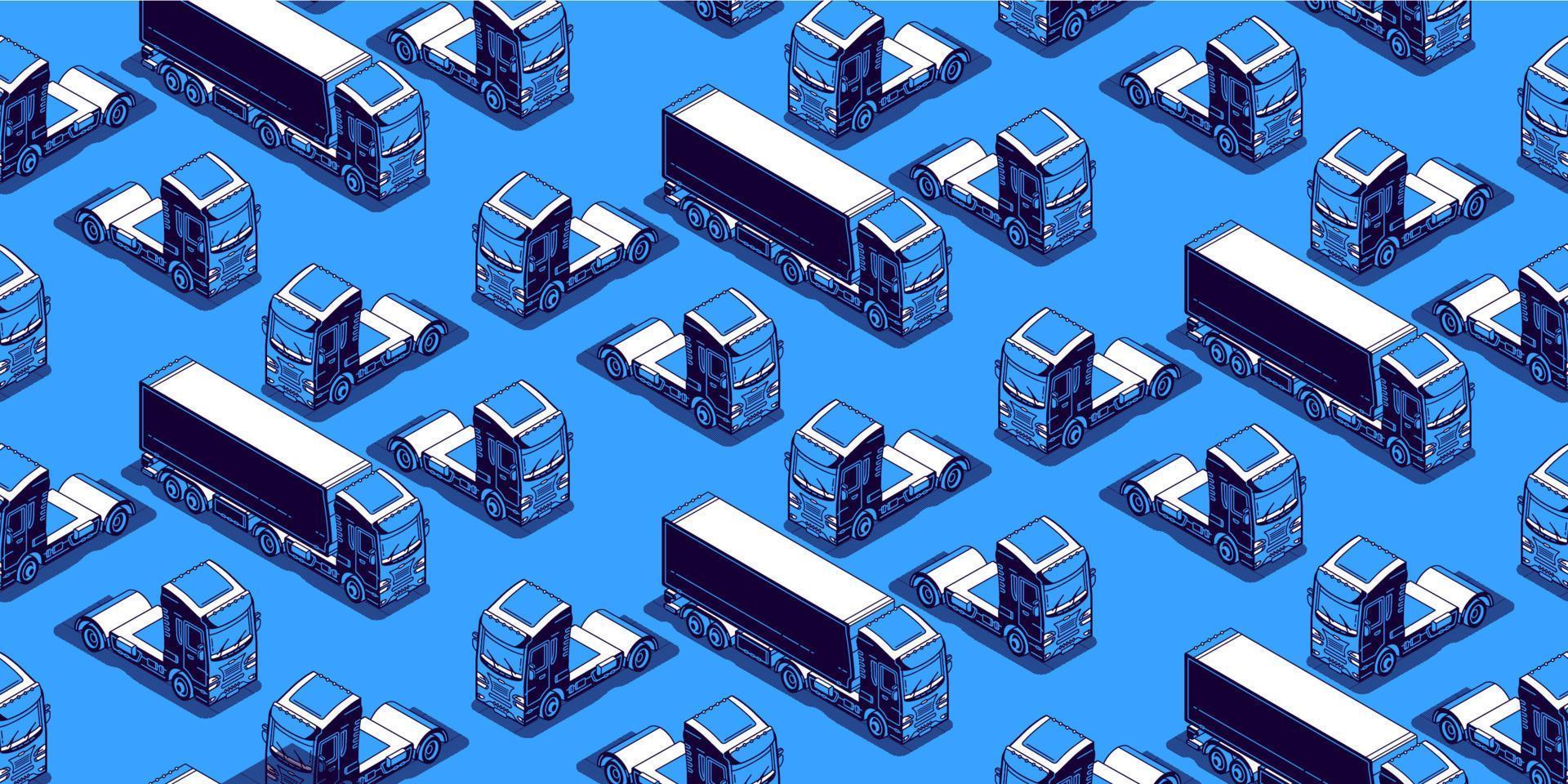 Seamless pattern with isometric trucks on blue vector