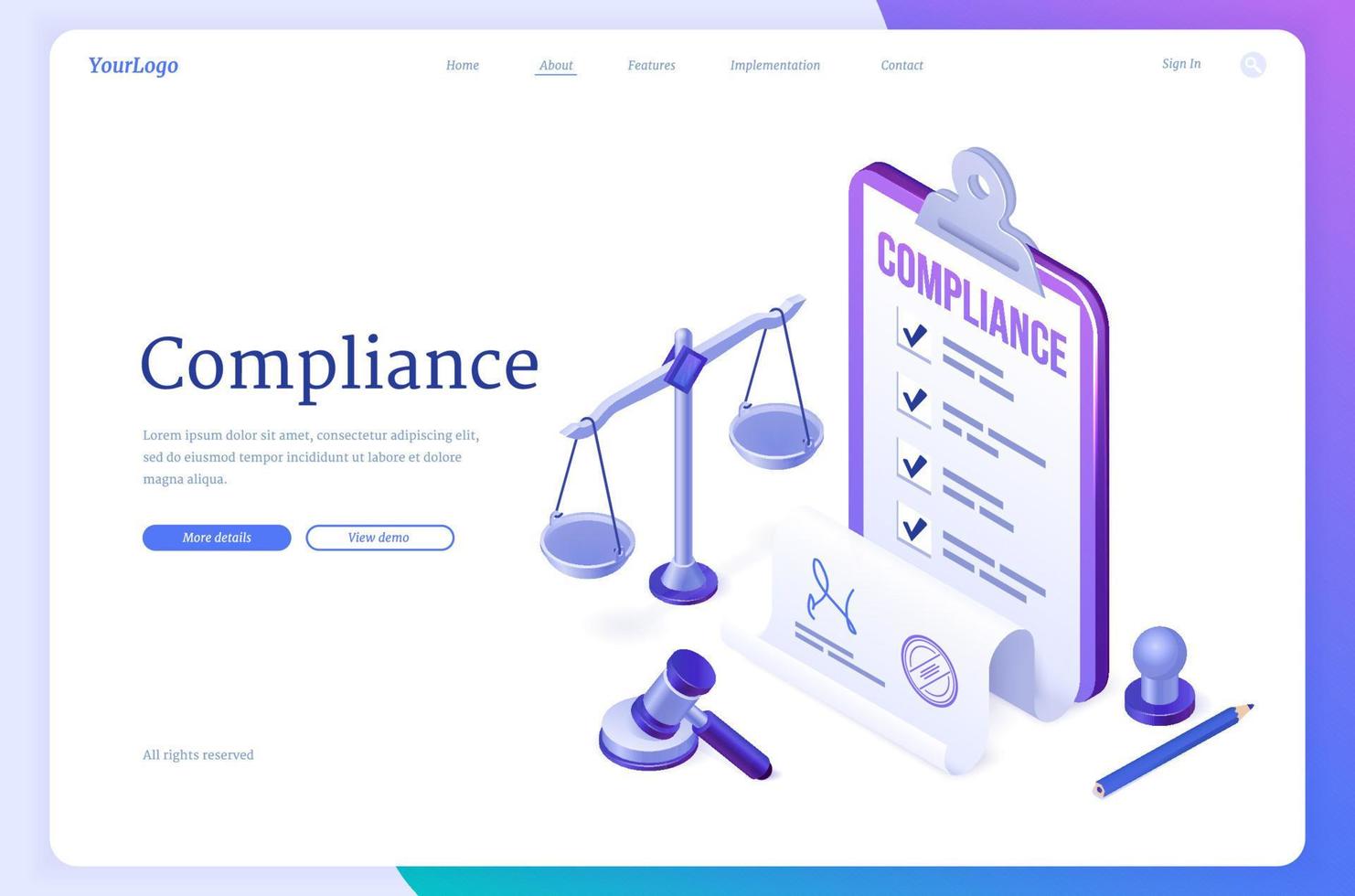 Compliance isometric landing page, business policy vector