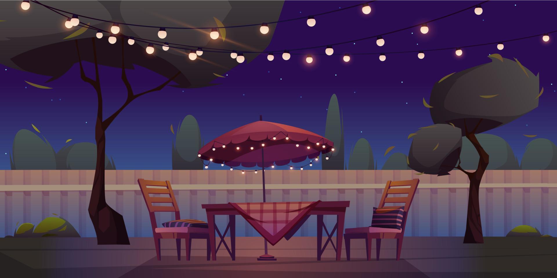 BBQ area at night backyard with table and garland vector