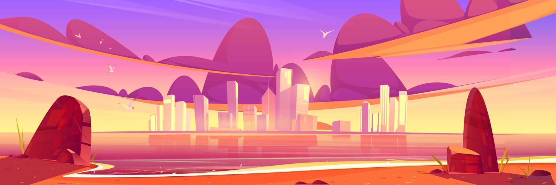 arquitectura del horizonte de la ciudad al atardecer cerca del paseo marítimo vector