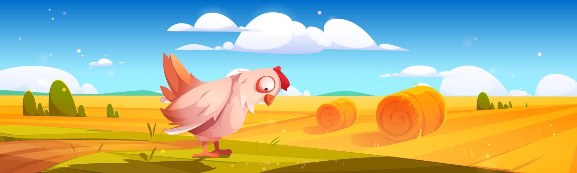 paisaje rural con pacas de heno en campo y gallina vector