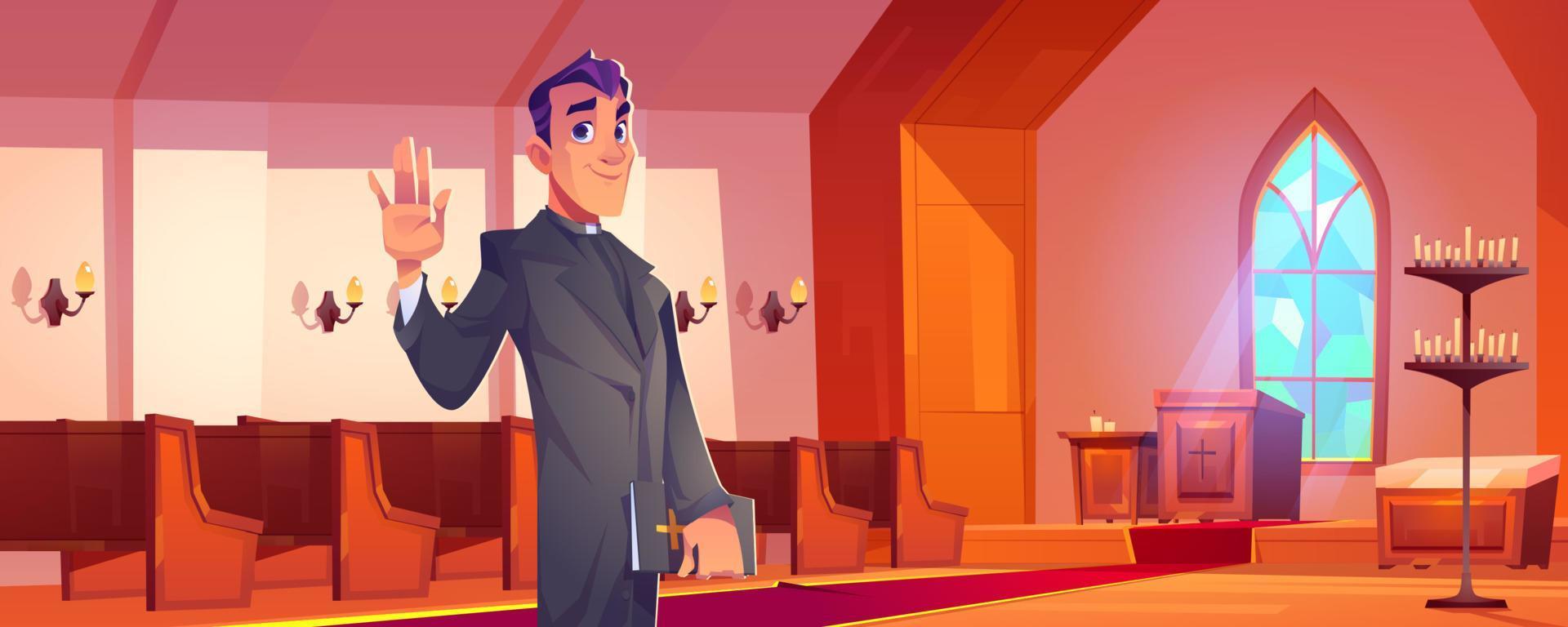 Catholic priest with Bible in church interior vector