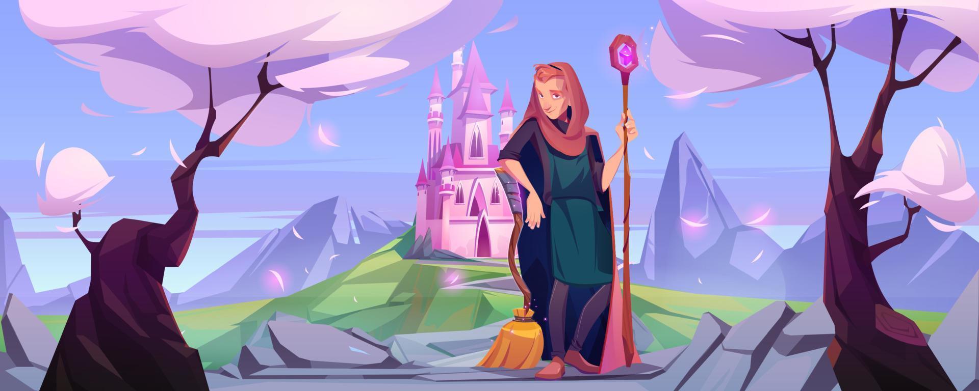 Man wizard with magic staff on road to pink castle vector