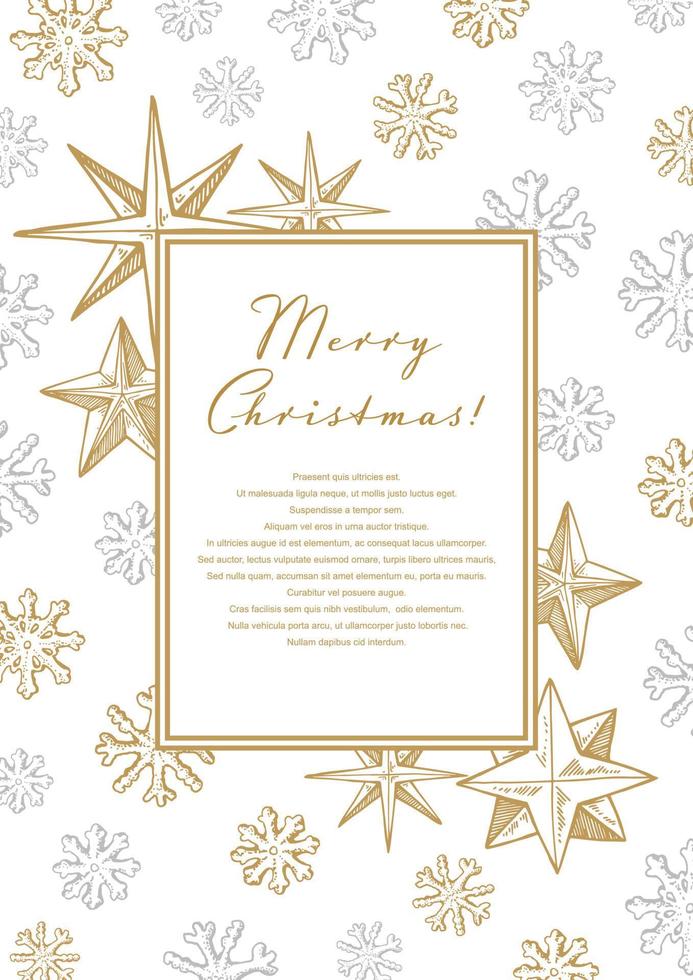 Merry Christmas and Happy New Year vertical greeting card with hand drawn golden stars and snowflakes on white background. Vector illustration in sketch style