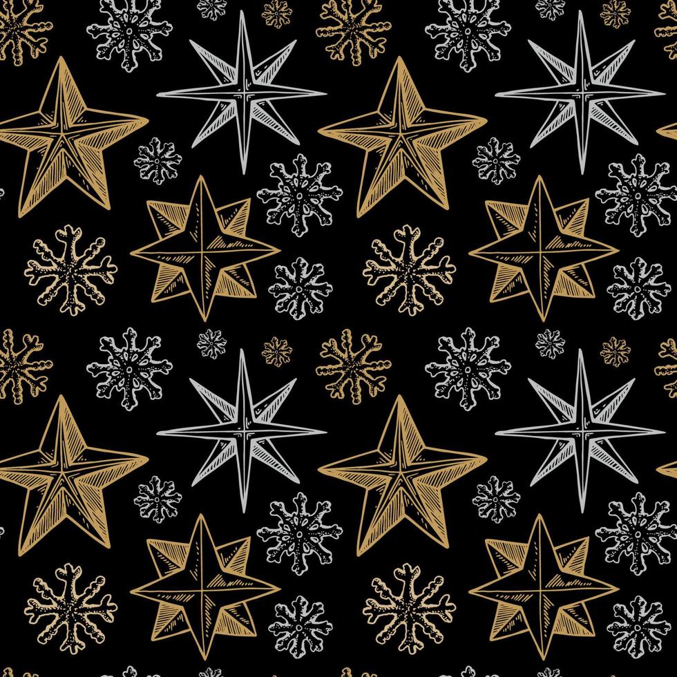 Merry Christmas and Happy New Year seamless pattern with golden hand drawn stars and snowflakes. Festive background. Vector illustration in sketch style