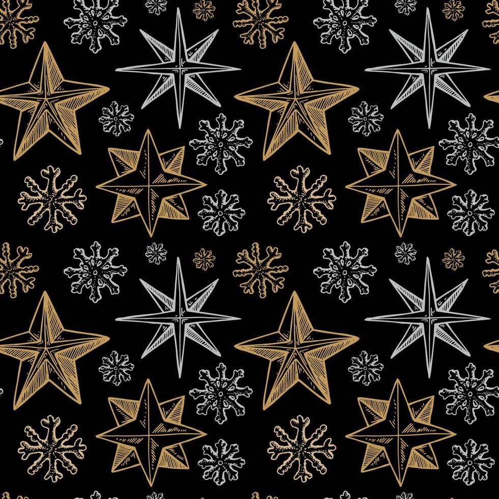 feliz navidad y feliz año nuevo de patrones sin fisuras con estrellas doradas dibujadas a mano y copos de nieve. fondo festivo. ilustración vectorial en estilo boceto vector