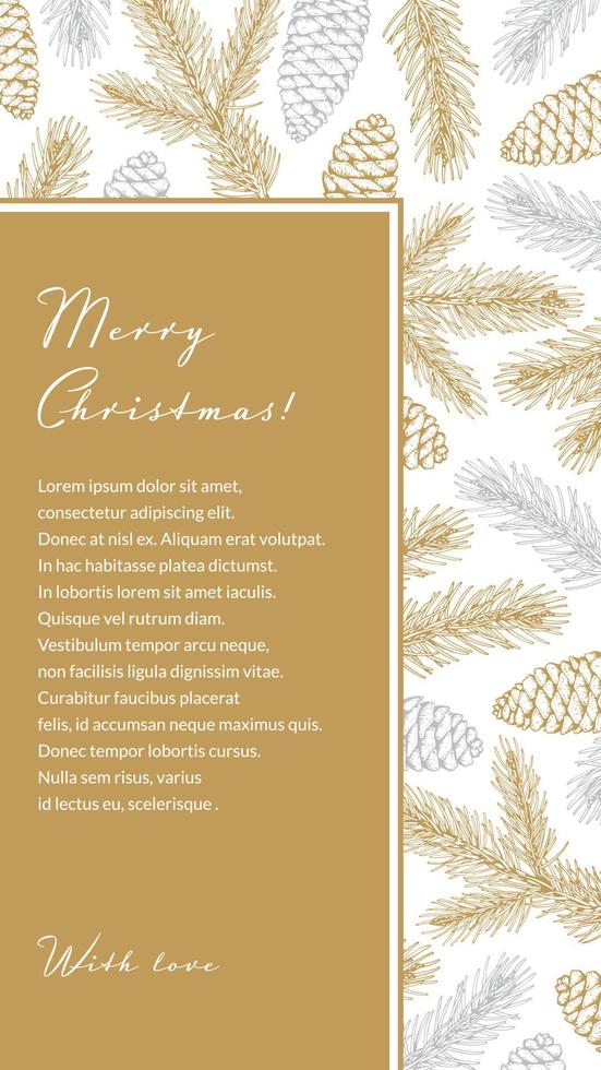 Merry Christmas and Happy New Year vertical invitation template with hand drawn golden evergreen branches and cones on white background. Vector illustration in sketch style