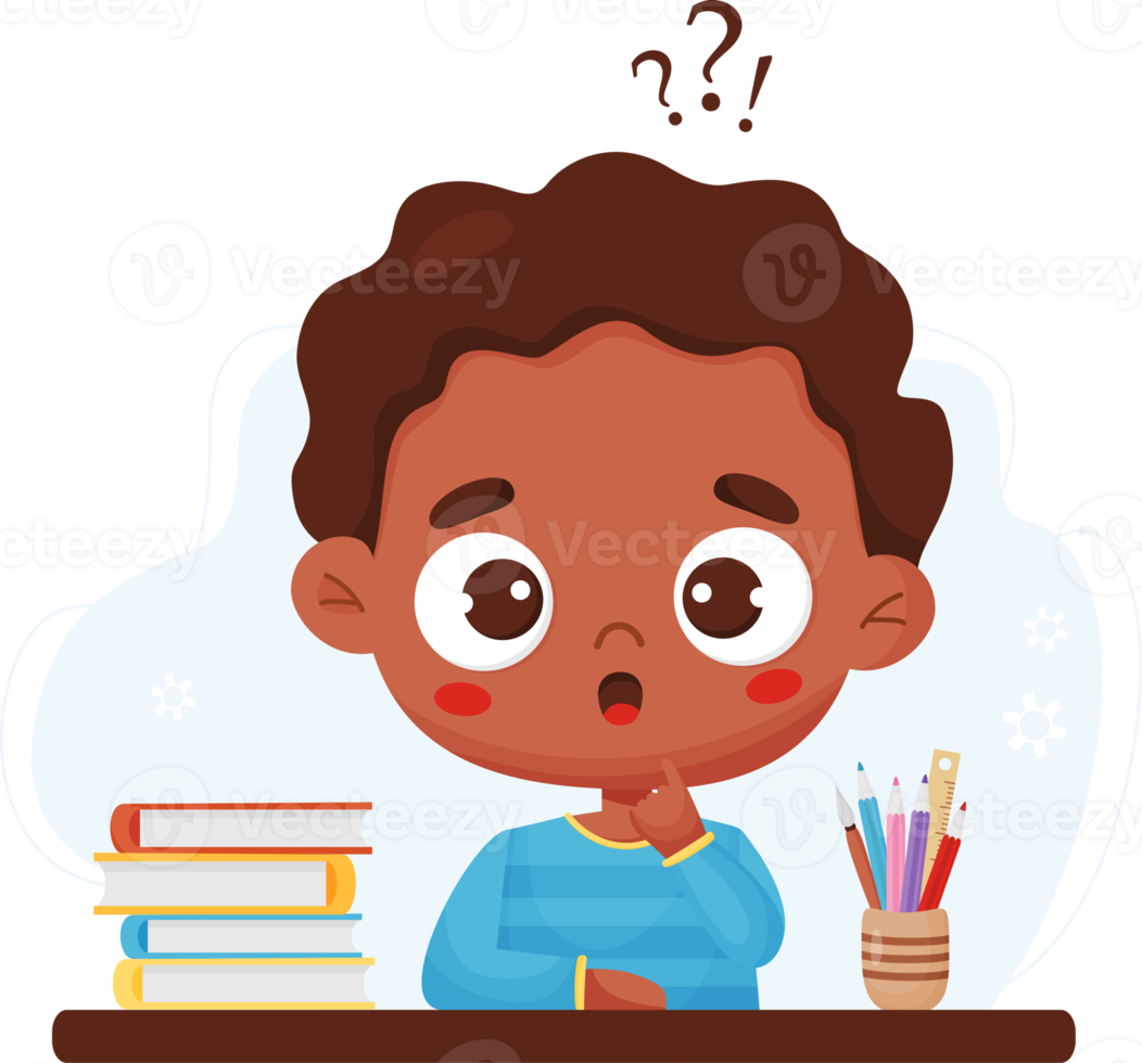 Surprised thoughtful black boy at table with books and stationery png