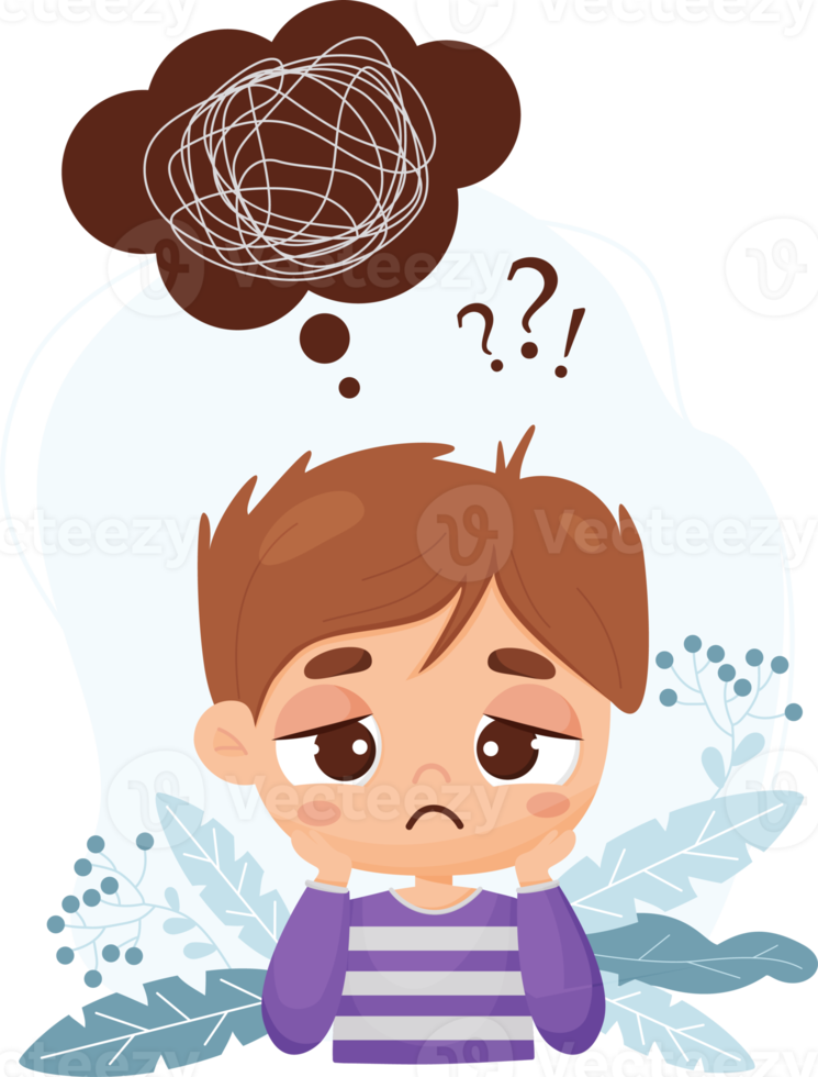 Sad pensive boy and bubble with confused thoughts and questions png