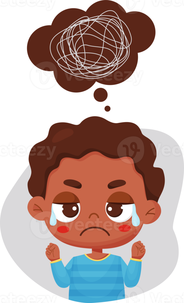 Sad crying black ethnic boy and bubble with confused thoughts png