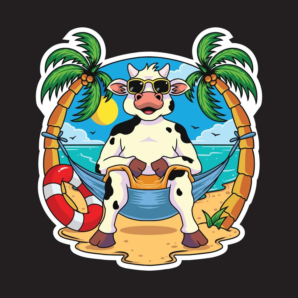 Cow relaxing on the beach illustration premium vector