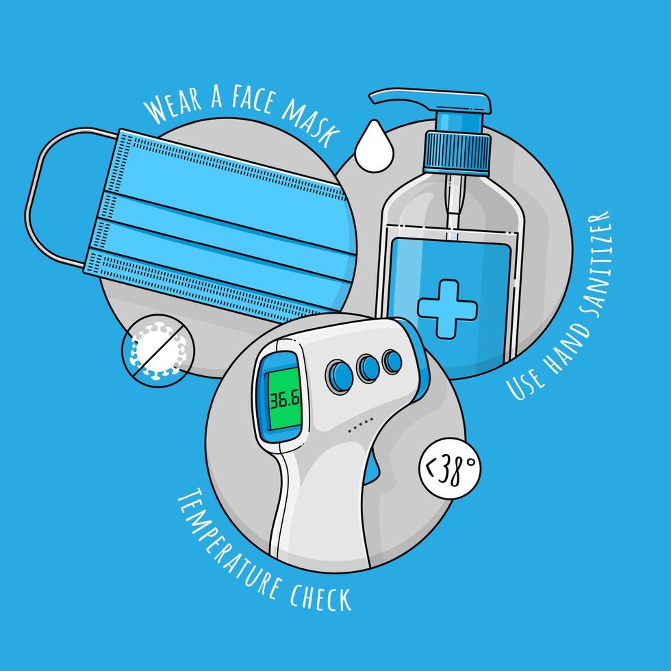 Vector illustration of measures to combat and prevent pandemic and epidemic coronavirus. WEAR A MASK, USE HAND SANITIZER, TEMPERATURE CHECK with non-contact thermometer. Medical infographics