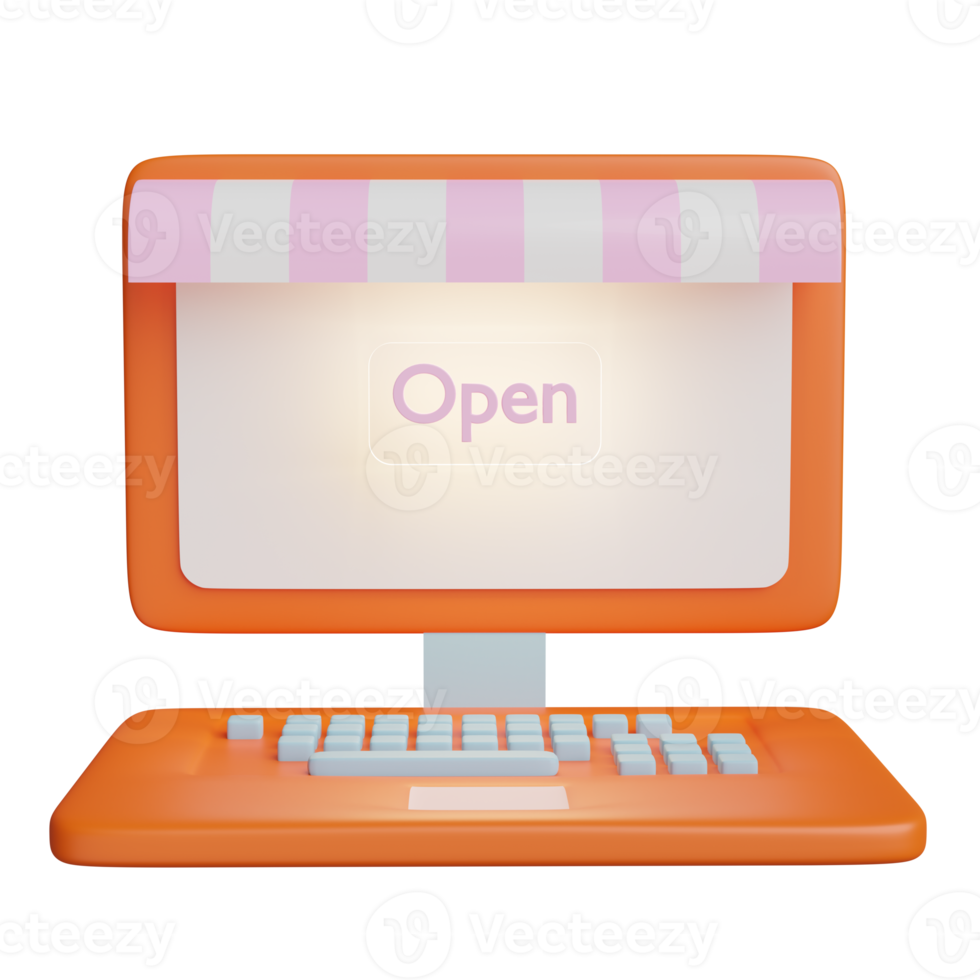 moniteur d'ordinateur portable orange avec devanture de magasin, étiquette ouverte isolée. concept d'achat en ligne, illustration 3d ou rendu 3d png