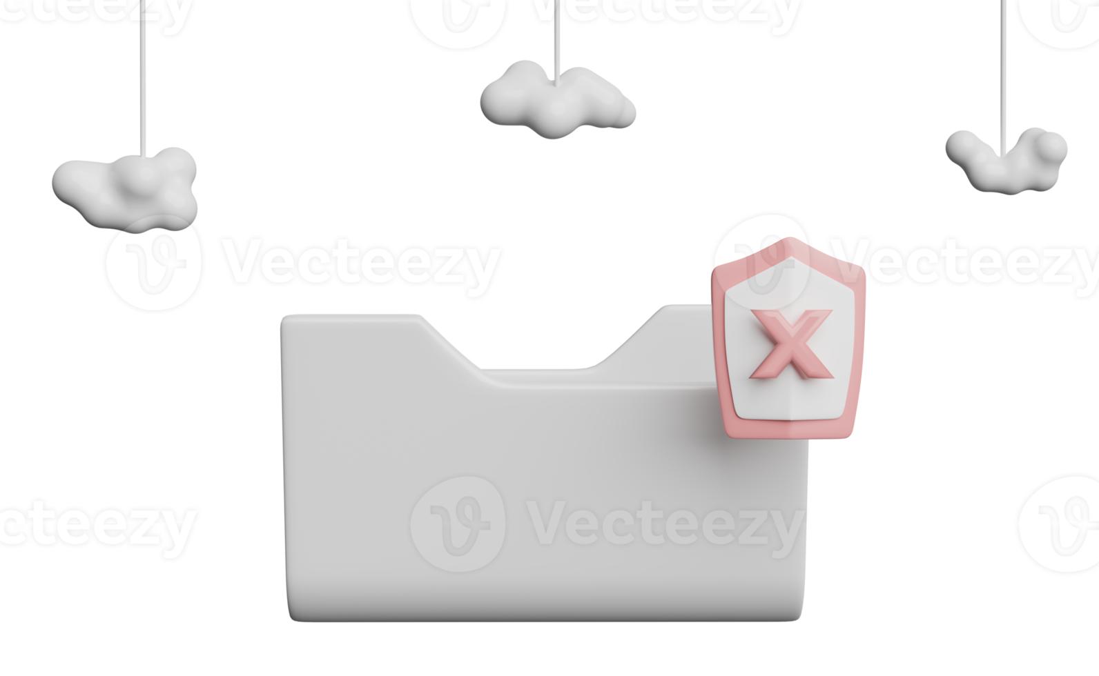 3D-Cloud-Ordnersymbol mit Schild unsicher isoliert. Cloud-Storage-Download, Datenübertragung, Internetsicherheit, Datenschutz, Ransomware-Schutzkonzept, 3D-Darstellung png