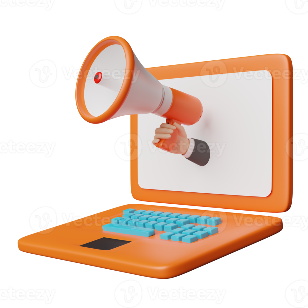 orange laptop computer with businessman hands holding megaphone, hand speaker isolated. online shopping, website promotion banners, online alerting concept, 3d illustration or 3d render png