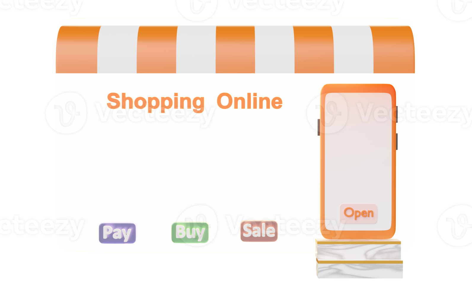 3d mobile phone or smartphone with store front, buy, sale, pay label tag isolated. online shopping concept, 3d render illustration png
