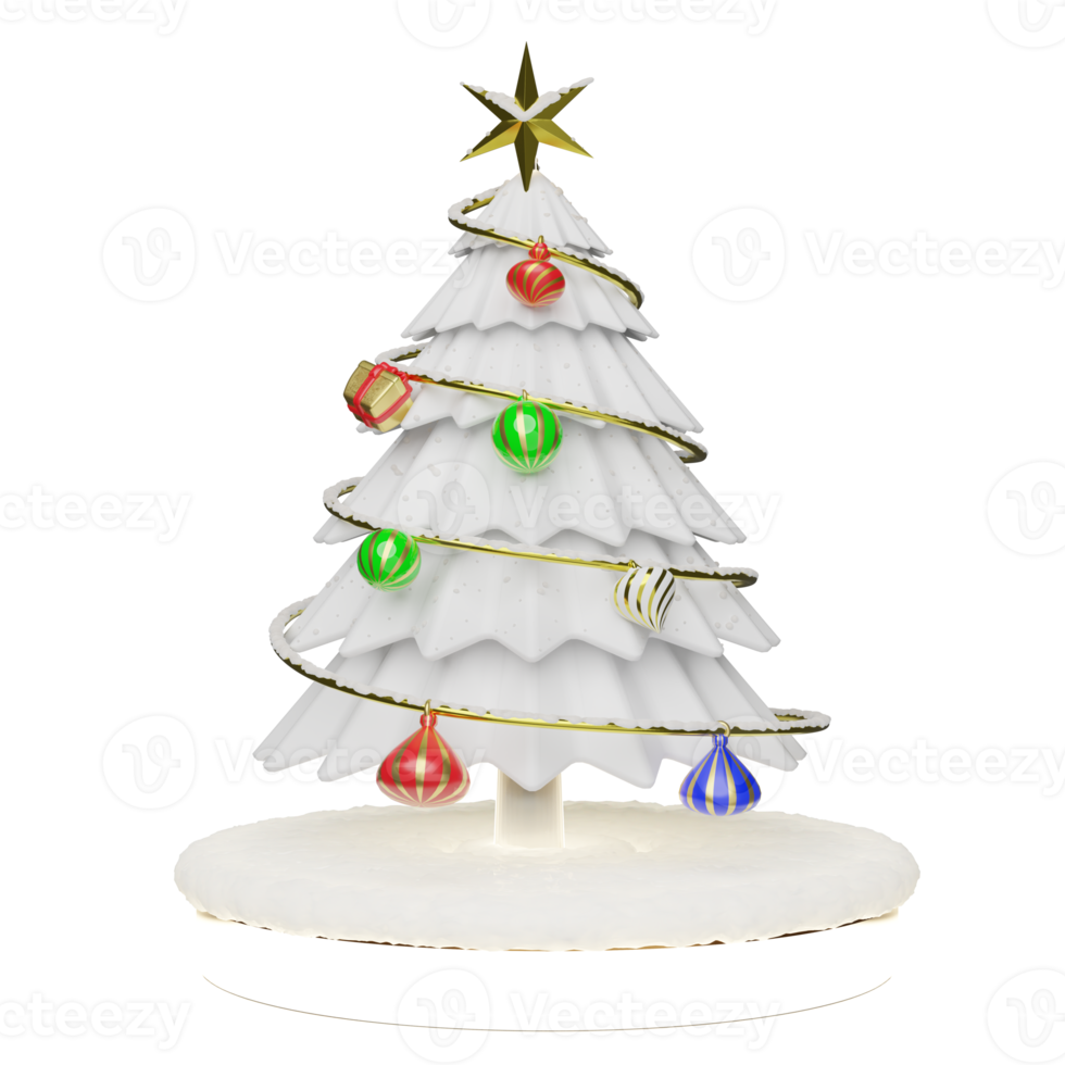 árvore de natal com neve e enfeites, exibição de palco moderna e maquete minimalista, conceito de natal e um ano novo festivo, ilustração 3d ou renderização 3d png