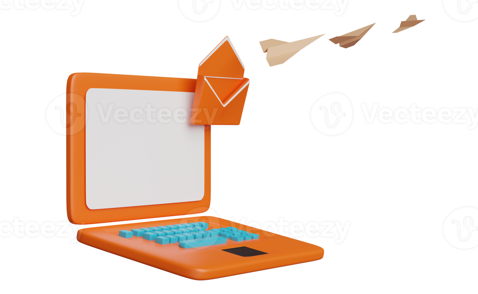 orange laptop computer with envelope, paper plane isolated. sending, receiving email marketing concept, 3d illustration or 3d render png