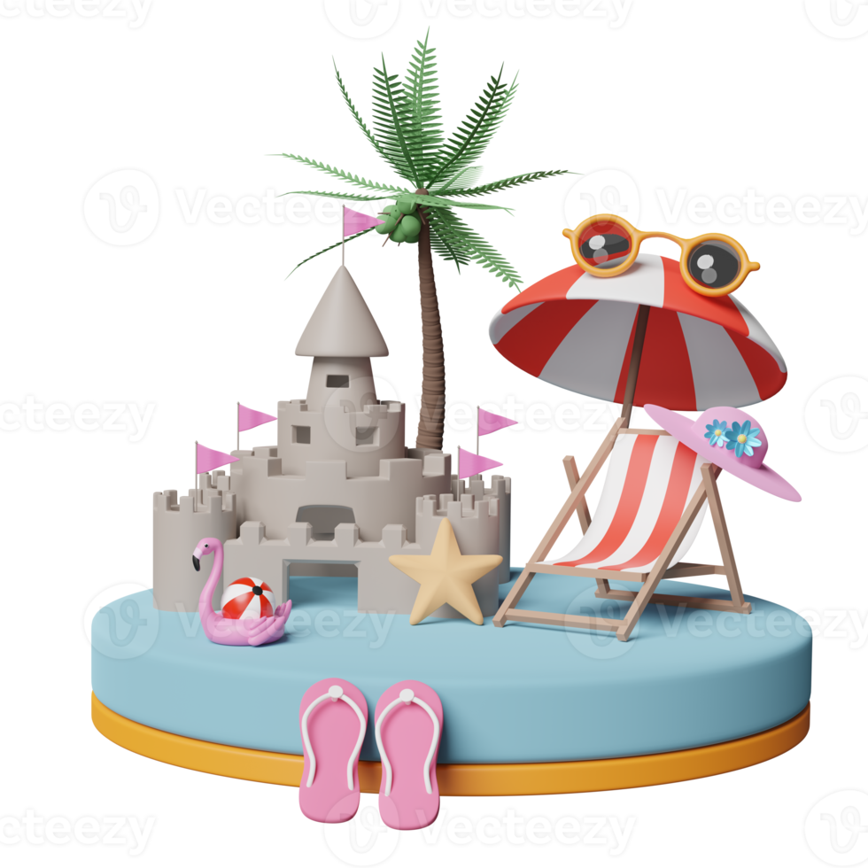 pódio de palco com castelo de areia, cadeira de praia, óculos de sol, flamingo inflável, sandálias, palma, viagens de verão ou conceito de venda de verão de compras online, ilustração 3d ou renderização 3d png