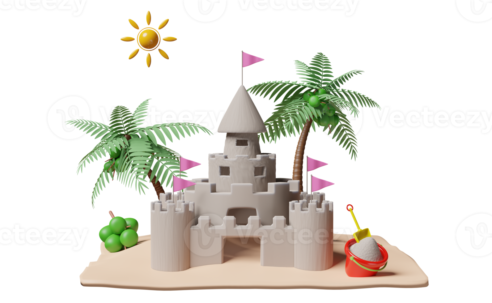 zand kasteel met torens, fort, poorten en vlaggen, zanderig strand, handpalmen, kokosnoot, zomer reizen vakantie concept, 3d illustratie of 3d geven png