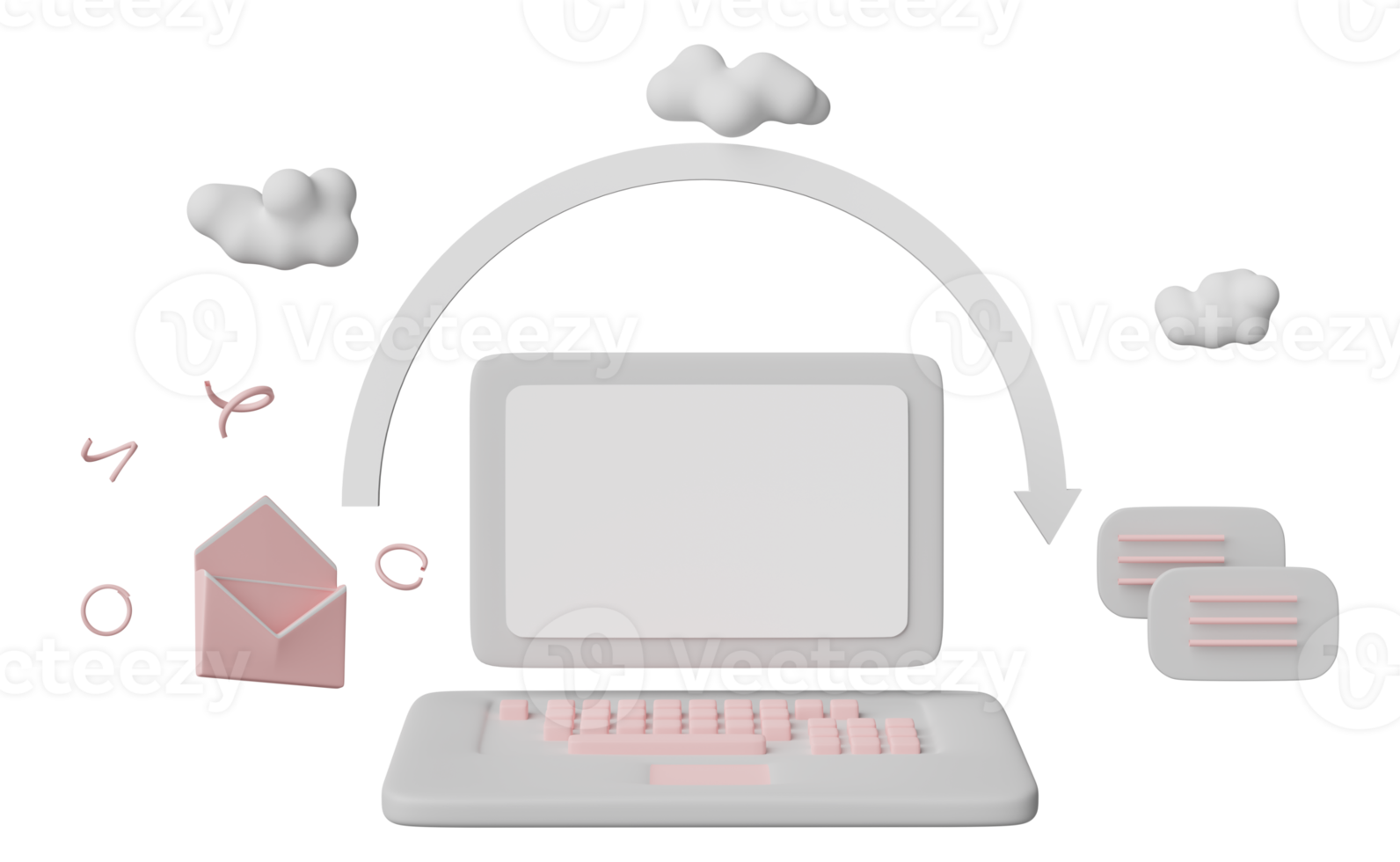 grå bärbar dator dator med kuvert, moln, pil isolerat. sändning, tar emot e-post marknadsföring begrepp, 3d illustration eller 3d framställa png