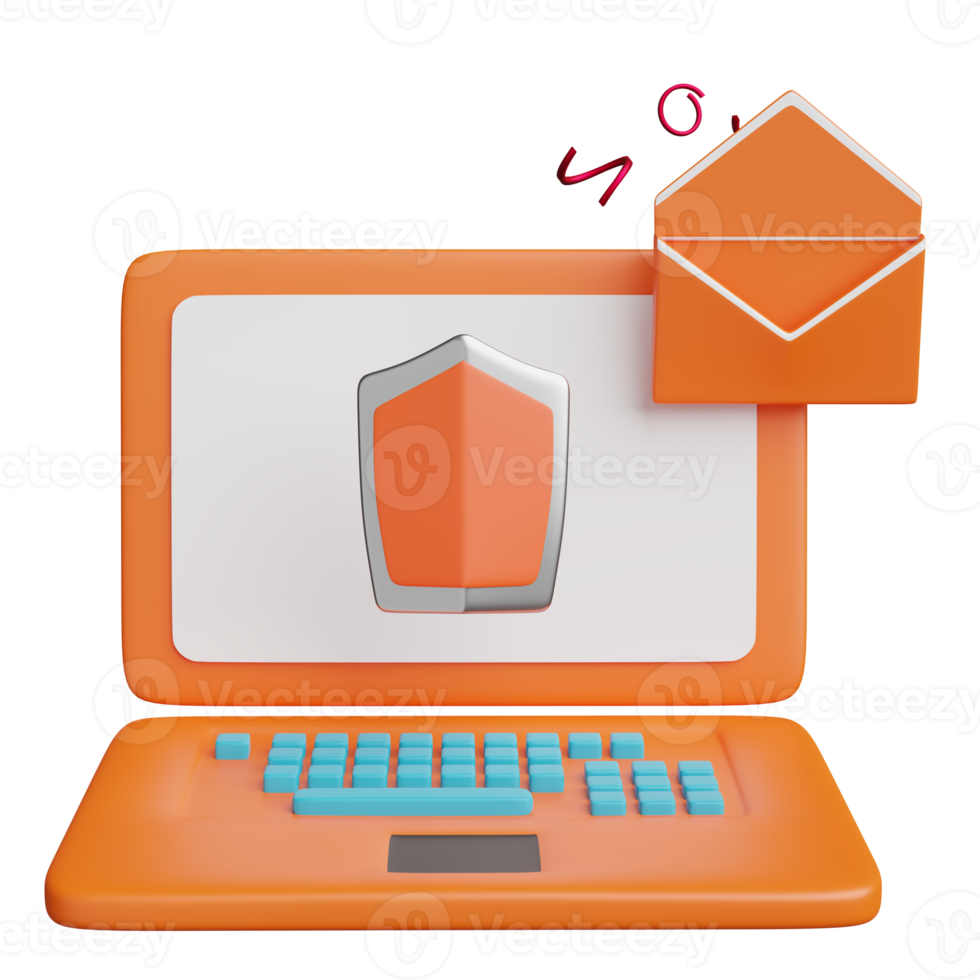 orange laptop computer with shield, envelope isolated. Internet security or privacy protection or ransomware protect concept, 3d illustration or 3d render png