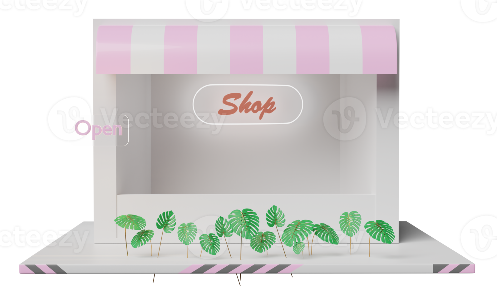 shop store front with leaf monstera, open label tag isolated. Startup franchise business concept, 3d illustration or 3d render png