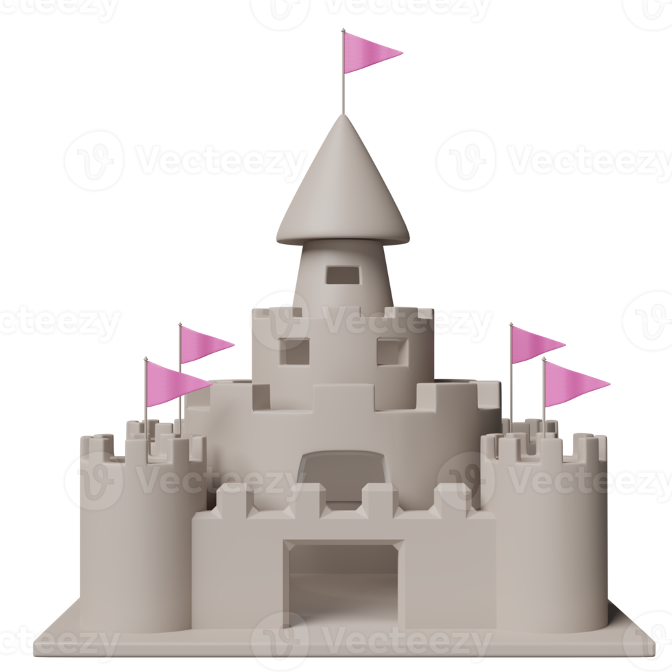 castillo de arena con torres, fuertes, puertas y banderas aisladas. concepto de vacaciones de verano, ilustración 3d o presentación 3d png